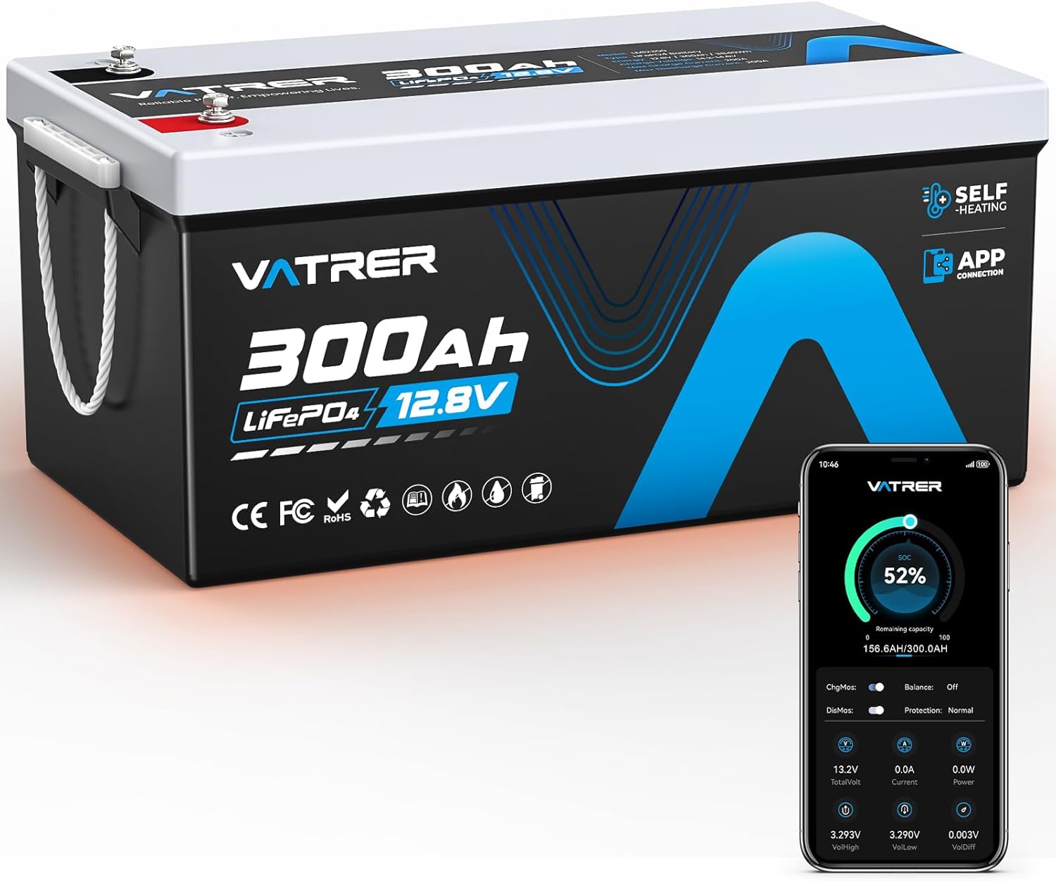 12V 300AH Bluetooth LiFePO4 Lithium Battery with Self-Heating, Built-in 200A BMS, Supports Low Temp - B0CNVVLVYZ