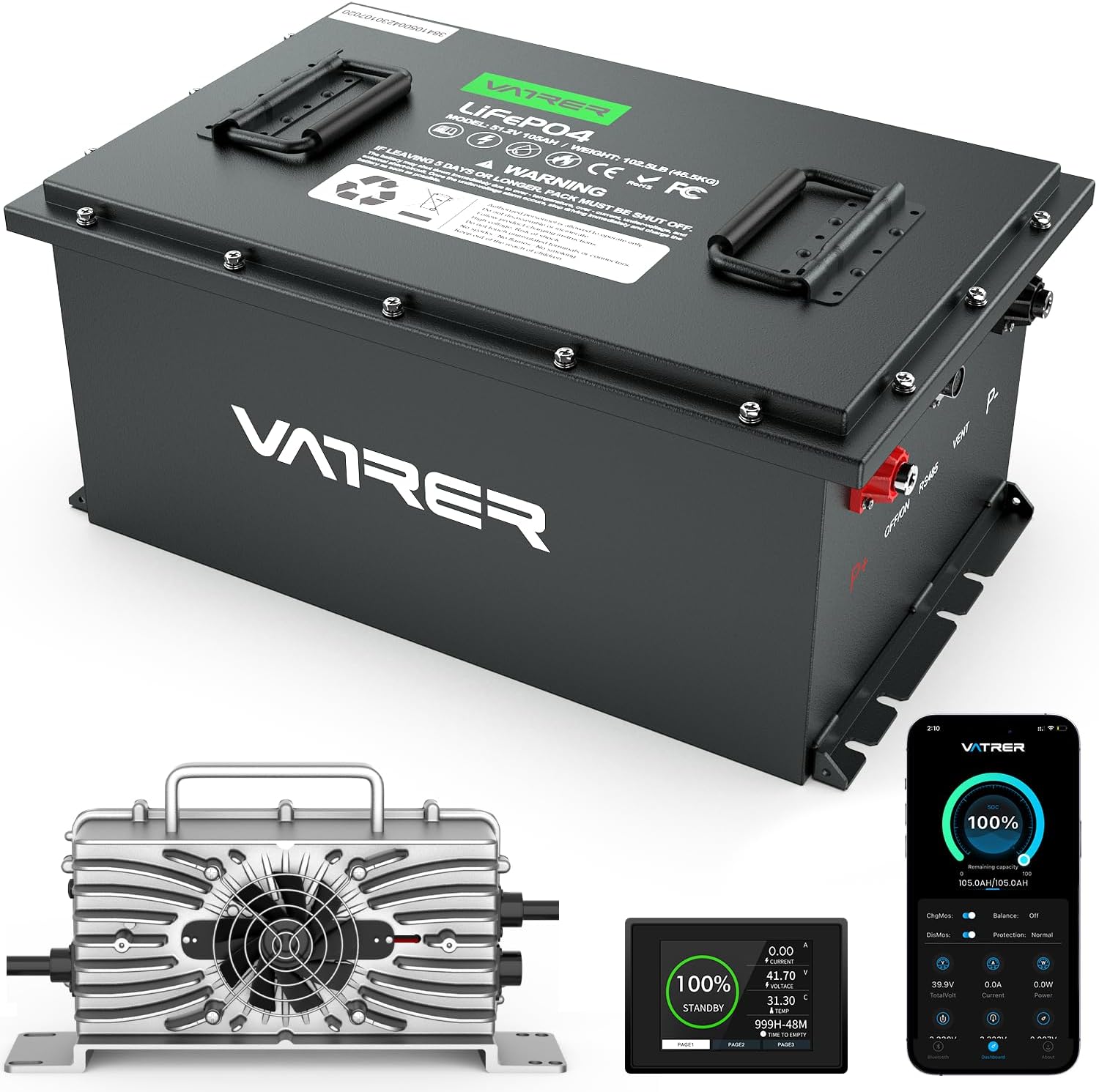 51.2V 105Ah Lithium Golf Cart Battery, Built-in Smart 200A BMS, with Touch Monitor & Mobile - B0C13DMCHW