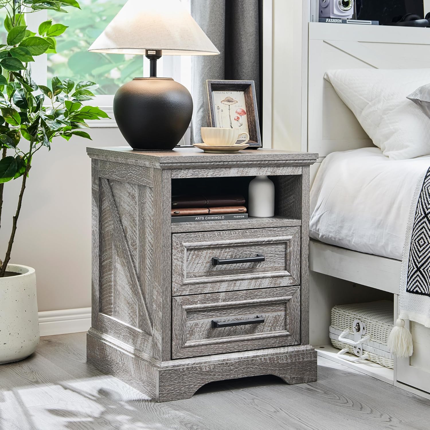 ACCOHOHO 18" Farmhouse Nightstand with Charging Station,End Table with 2 Drawers Storage,Side Table, - B0D48VZG51
