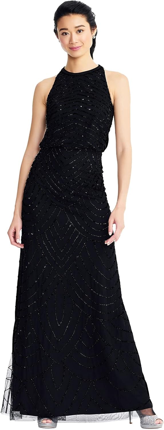 Adrianna Papell Womens Art Deco Beaded Blouson Dress with Halter Neckline, Black/Black, 8 - B09PFDGXFC