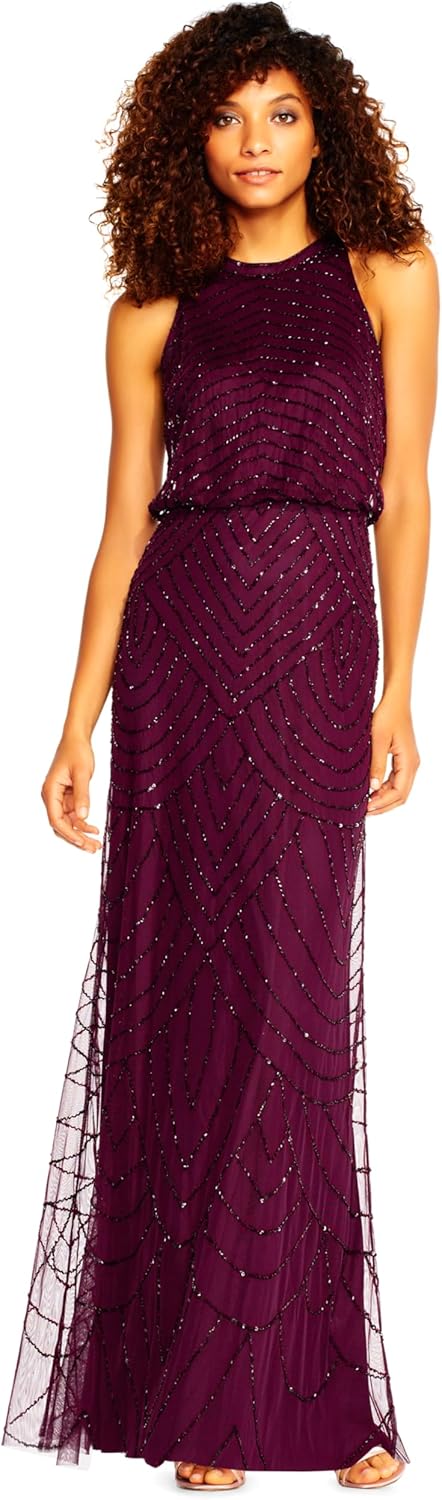 Adrianna Papell Women's Art Deco Beaded Blouson Dress with Halter Neckline, Cassis, 0 - B07RXX3RZT