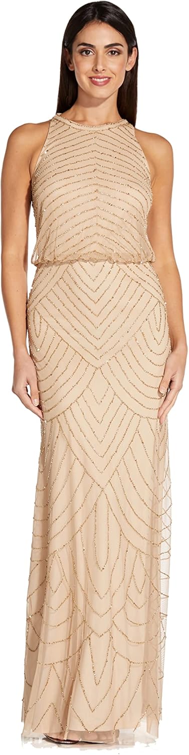 Adrianna Papell womens Art Deco Beaded Blouson Dress with Halter Neckline, Champagne/Gold, 18 - B09PFD9F15