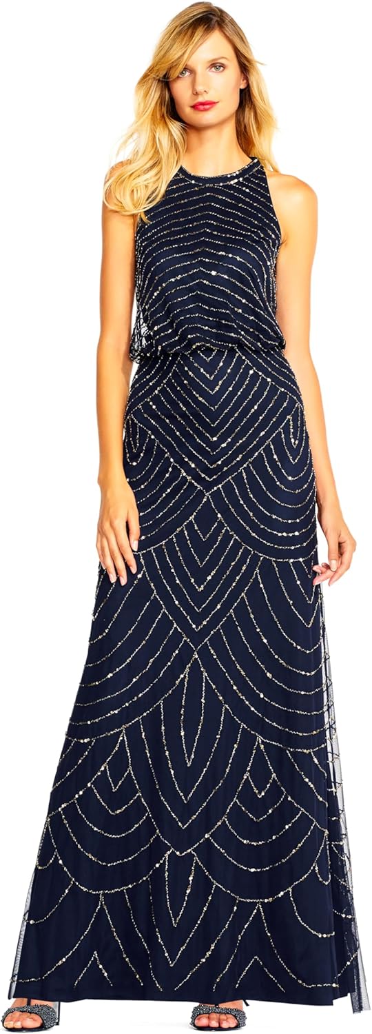 Adrianna Papell Womens Art Deco Beaded Blouson Dress with Halter Neckline, Navy, 2 - B07986PHPV