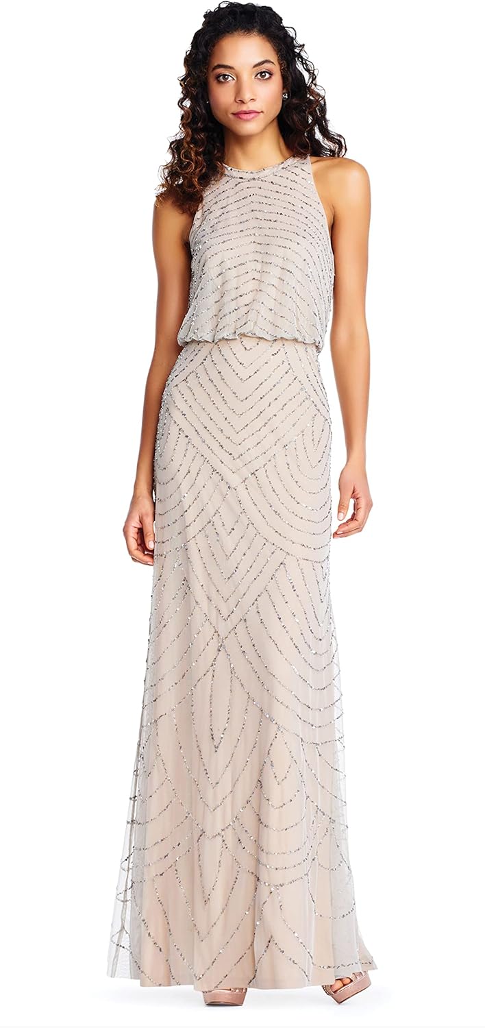 Adrianna Papell Womens Art Deco Beaded Blouson Dress with Halter Neckline, Silver/Nude, 0 - B09SGTG72N