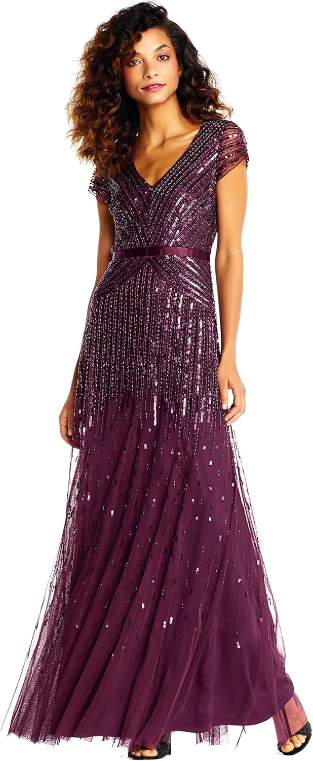 Adrianna Papell Women's Long Beaded V-Neck Dress with Cap Sleeves and Waistband, Cassis, 18 - B07FWLVLT7