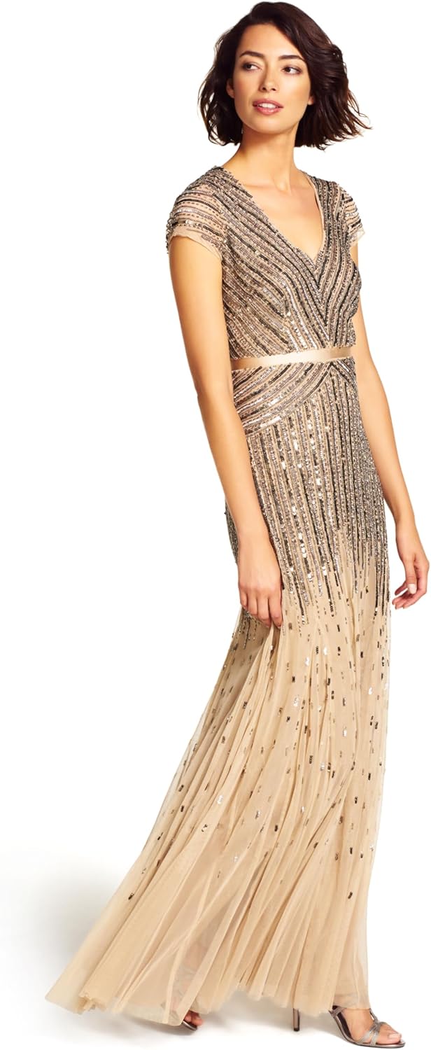 Adrianna Papell Women's Long Beaded V-Neck Dress with Cap Sleeves and Waistband, Nude, 20 - B0BTDSGVD8