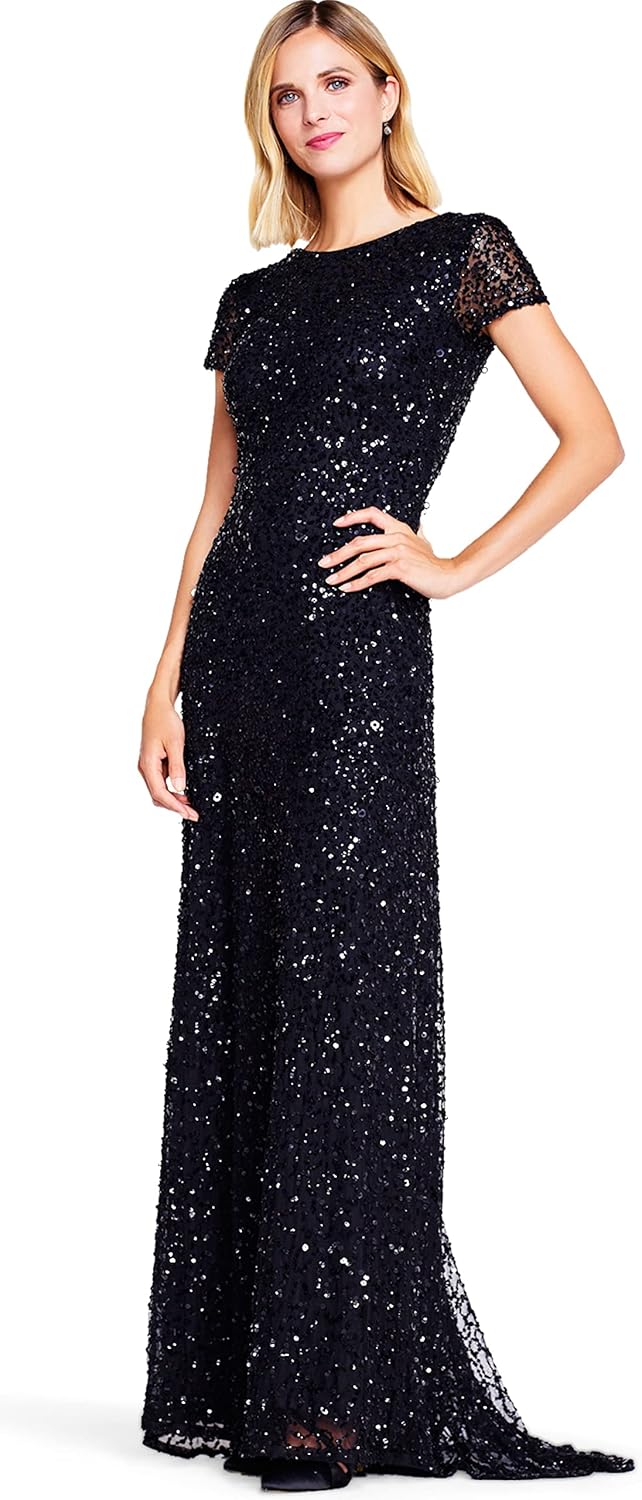 Adrianna Papell Women's Short-Sleeve All Over Sequin Gown, Black, 0 - B09PF66GPL