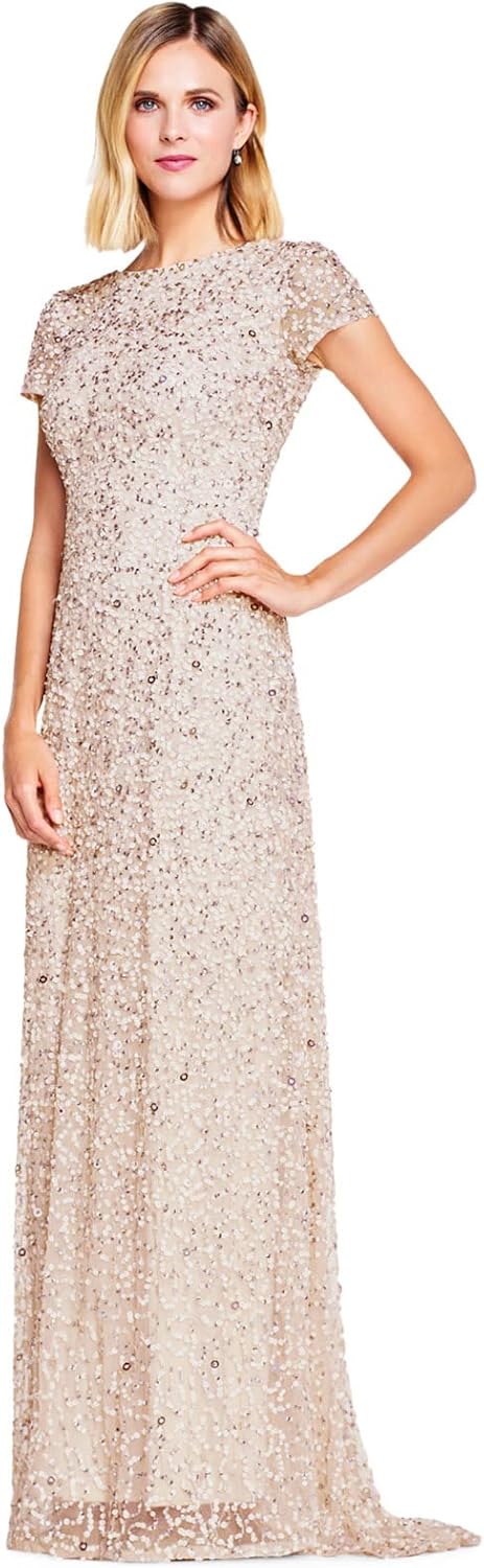 Adrianna Papell Women's Short Sleeve All Over Sequin Gown, Blush, 8 - B00EKT1TSY
