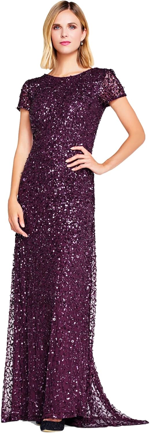 Adrianna Papell Women's Short-Sleeve All Over Sequin Gown, Cabernet, 18 - B09PF846Q6