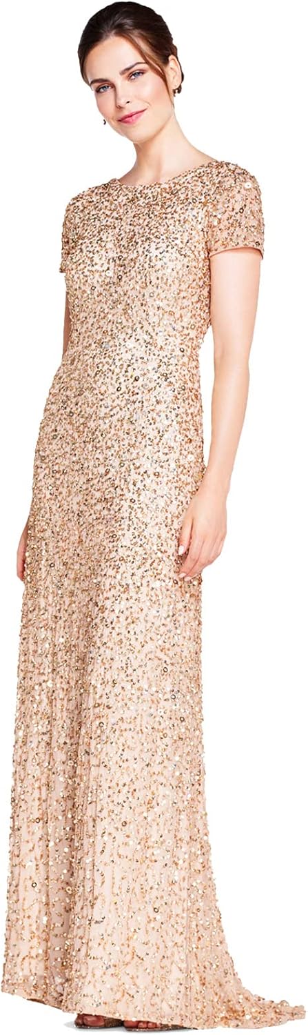 Adrianna Papell Women's Short-Sleeve All Over Sequin Gown, Champagne/Gold - B083H37H83