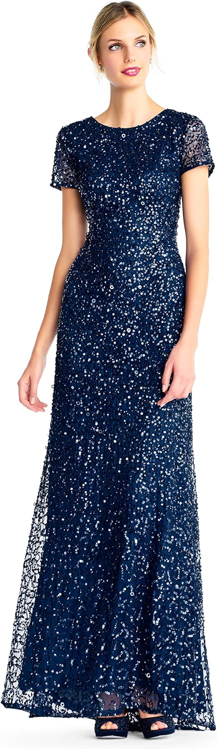 Adrianna Papell womens Short-sleeve All Over Sequin Gown dresses, Deep Blue, 12 US - B085RC74H1