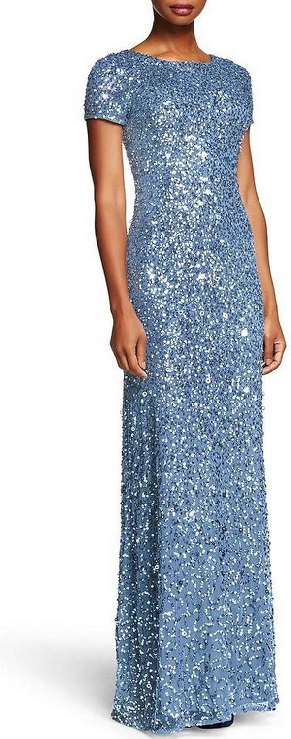 Adrianna Papell Women's Short-Sleeve All Over Sequin Gown, Nile, 10 - B00NWCC7QI