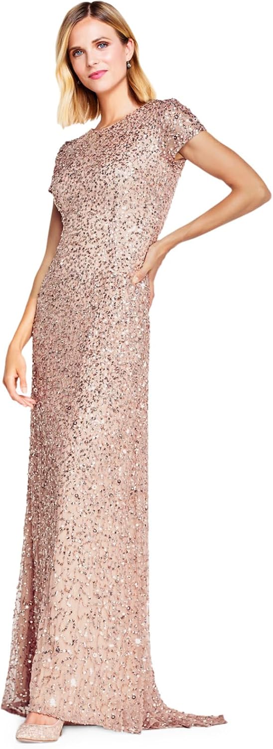 Adrianna Papell Women's Short-Sleeve All Over Sequin Gown, Rosegold, 14 - B0719LV33W