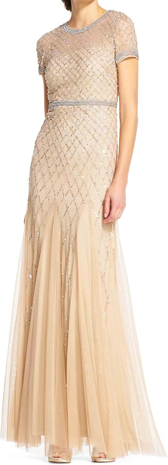 Adrianna Papell Women's Short-Sleeve Grid Beaded Gown, Champagne, 12 - B01MDSNAB6