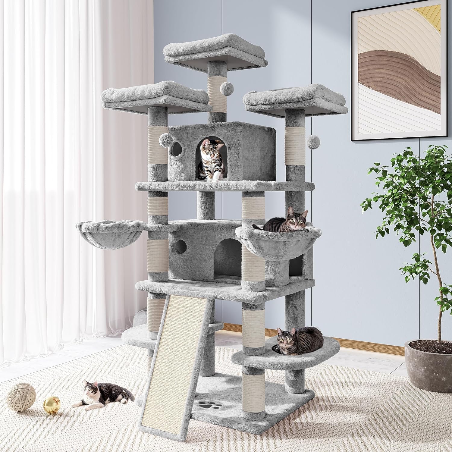 Allewie 68 Inches Cat Tree/House and Towers for Big Feline/Scratching Post/Multi-Level Large Kitty C - B0877585YH