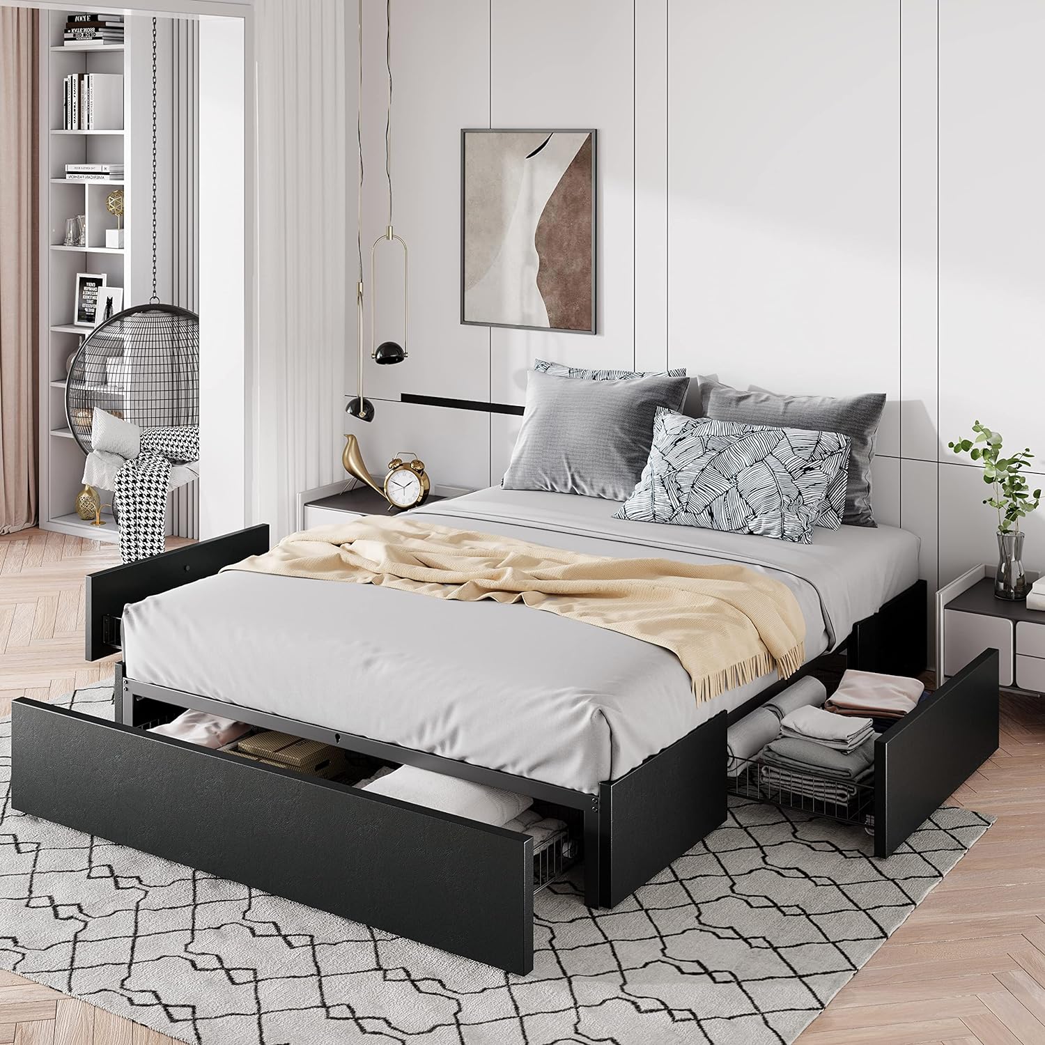 Allewie Full Size Platform Bed Frame with 3 Storage Drawers, Faux Leather Upholstered, Wooden Slats - B0C6DP9NT5