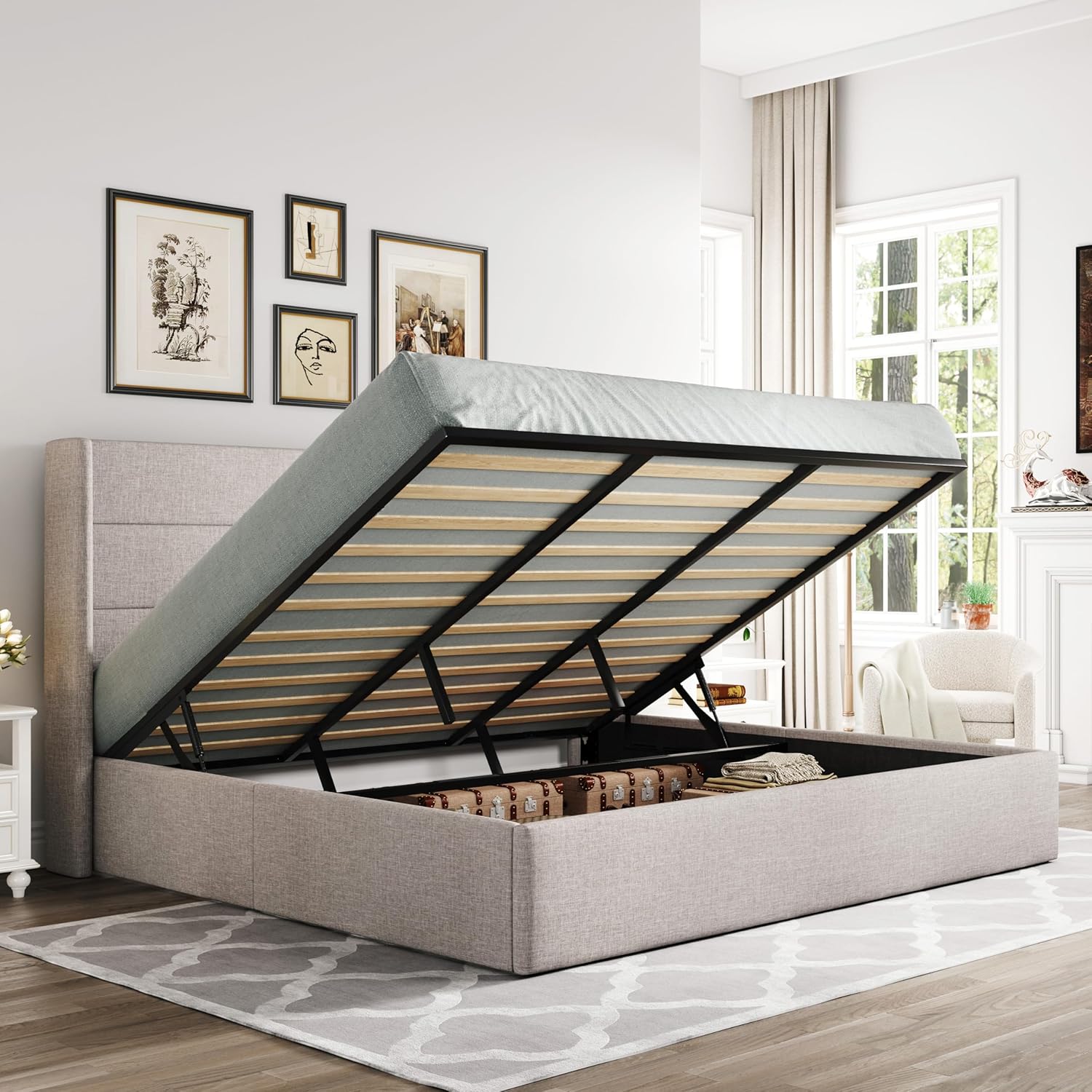 Allewie King Size Lift Up Storage Bed, Modern Wingback Headboard, Hydraulic Support, No Box Spring - B0BXD62W8R
