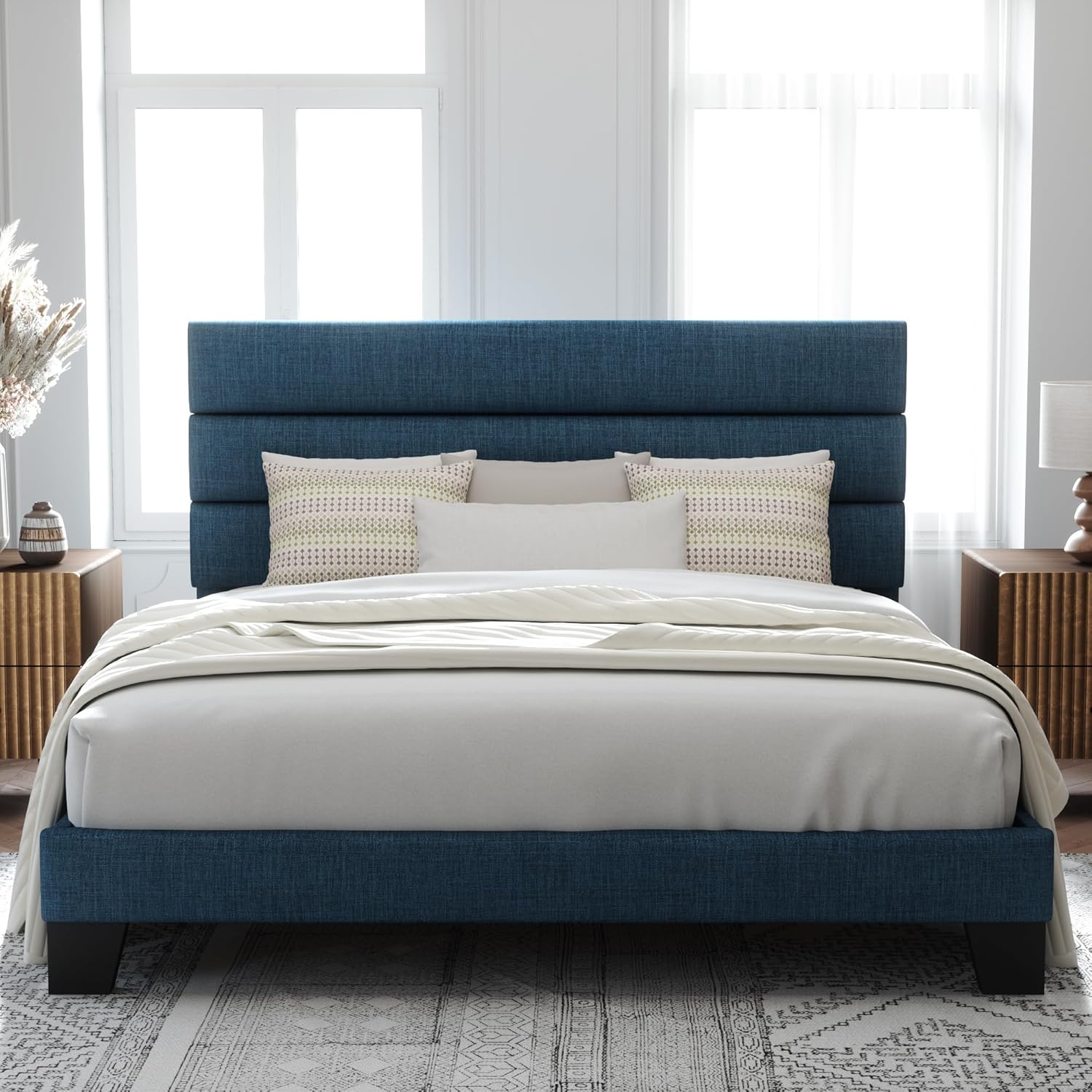 Allewie King Size Platform Bed Frame with Fabric Upholstered Headboard and Wooden Slats Support, Ful - B086RFT4CX