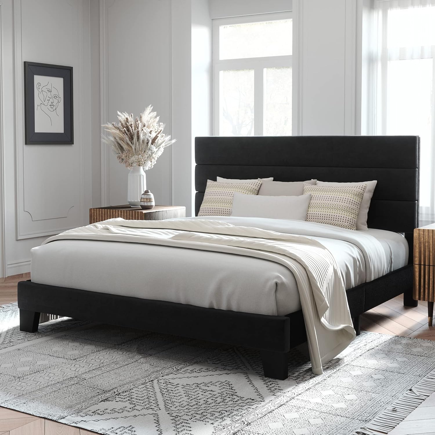 Allewie King Size Platform Bed Frame with Velvet Upholstered Headboard and Wooden Slats Support, Ful - B0BZ5374YV