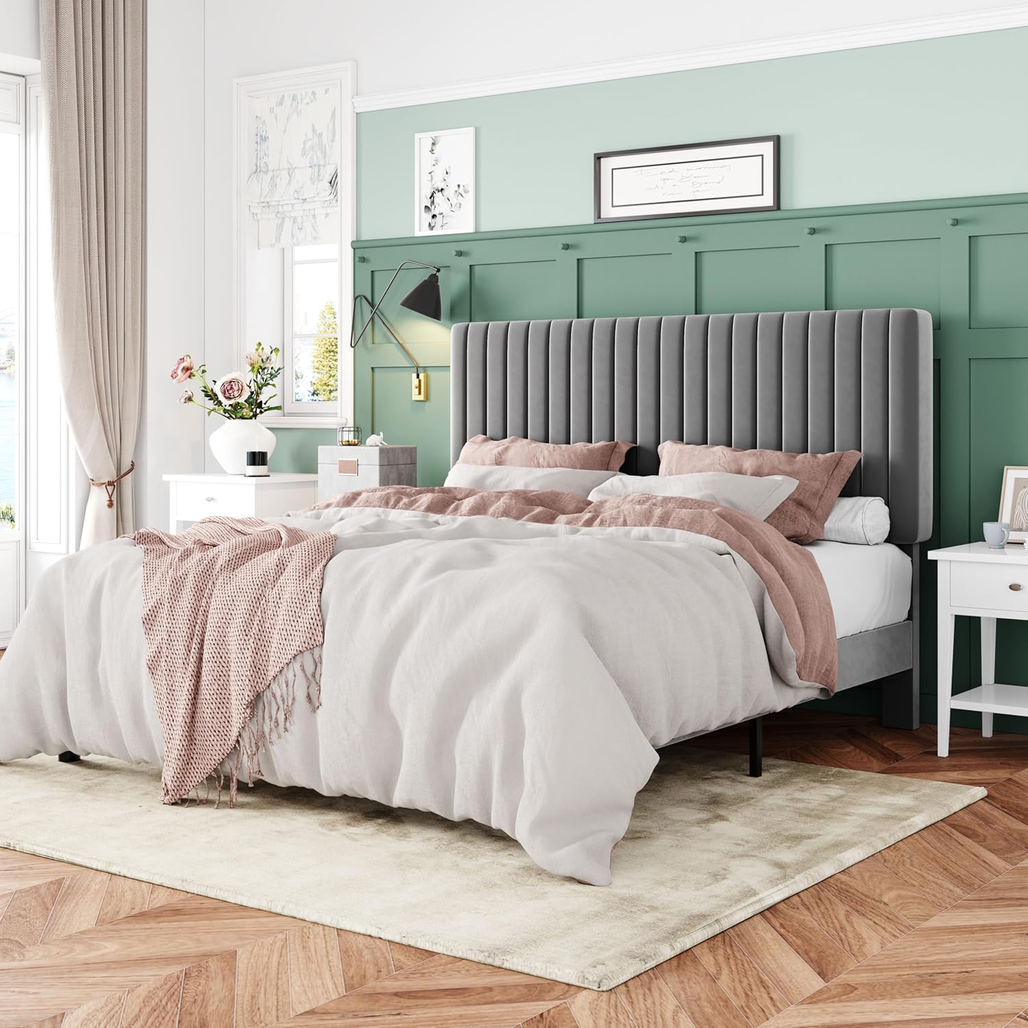 Allewie Queen Bed Frame, Velvet Upholstered Platform Bed with Adjustable Vertical Channel Tufted Hea - B0DFY3V67W