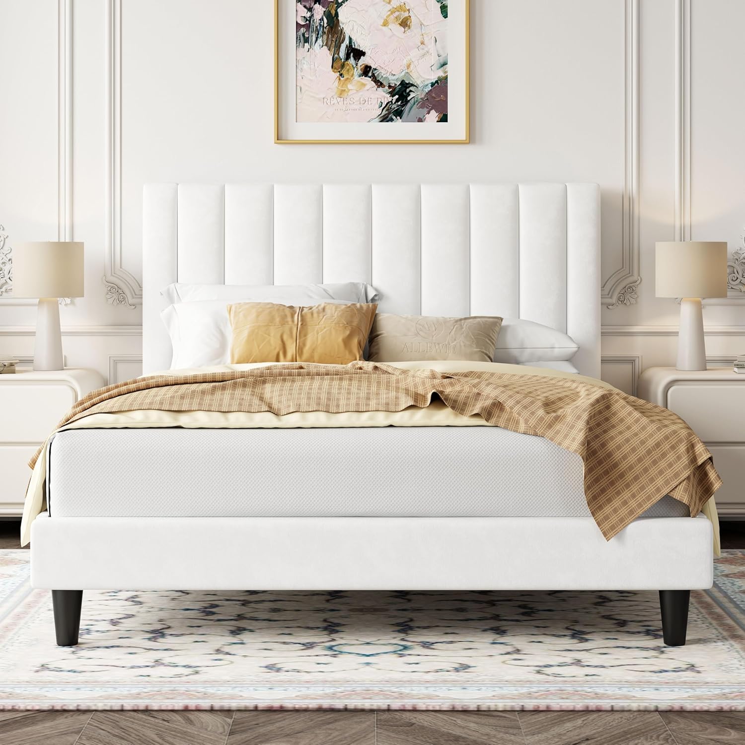 Allewie Queen Platform Bed Frame/Velvet Upholstered Bed Frame with Vertical Channel Tufted Headboard - B0CN36JMLS