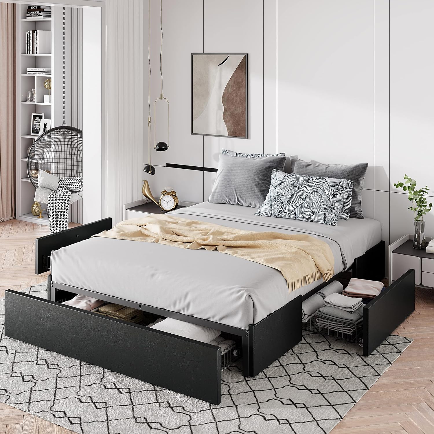 Allewie Queen Size Platform Bed Frame with 3 Storage Drawers, Faux Leather Upholstered, Wooden Slats - B0C6DR4277