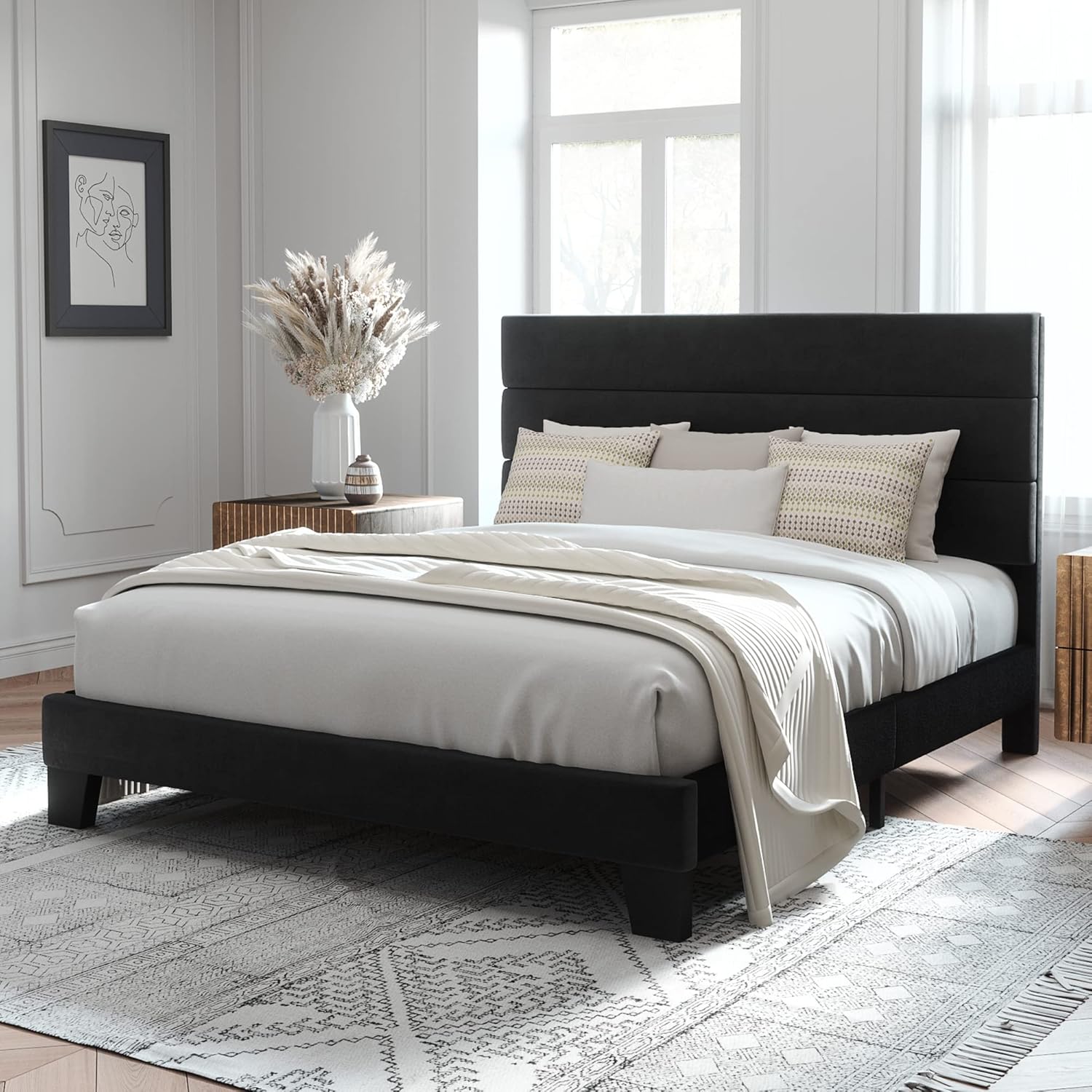 Allewie Queen Size Platform Bed Frame with Velvet Upholstered Headboard and Wooden Slats Support, Fu - B0BZ4YZHTP