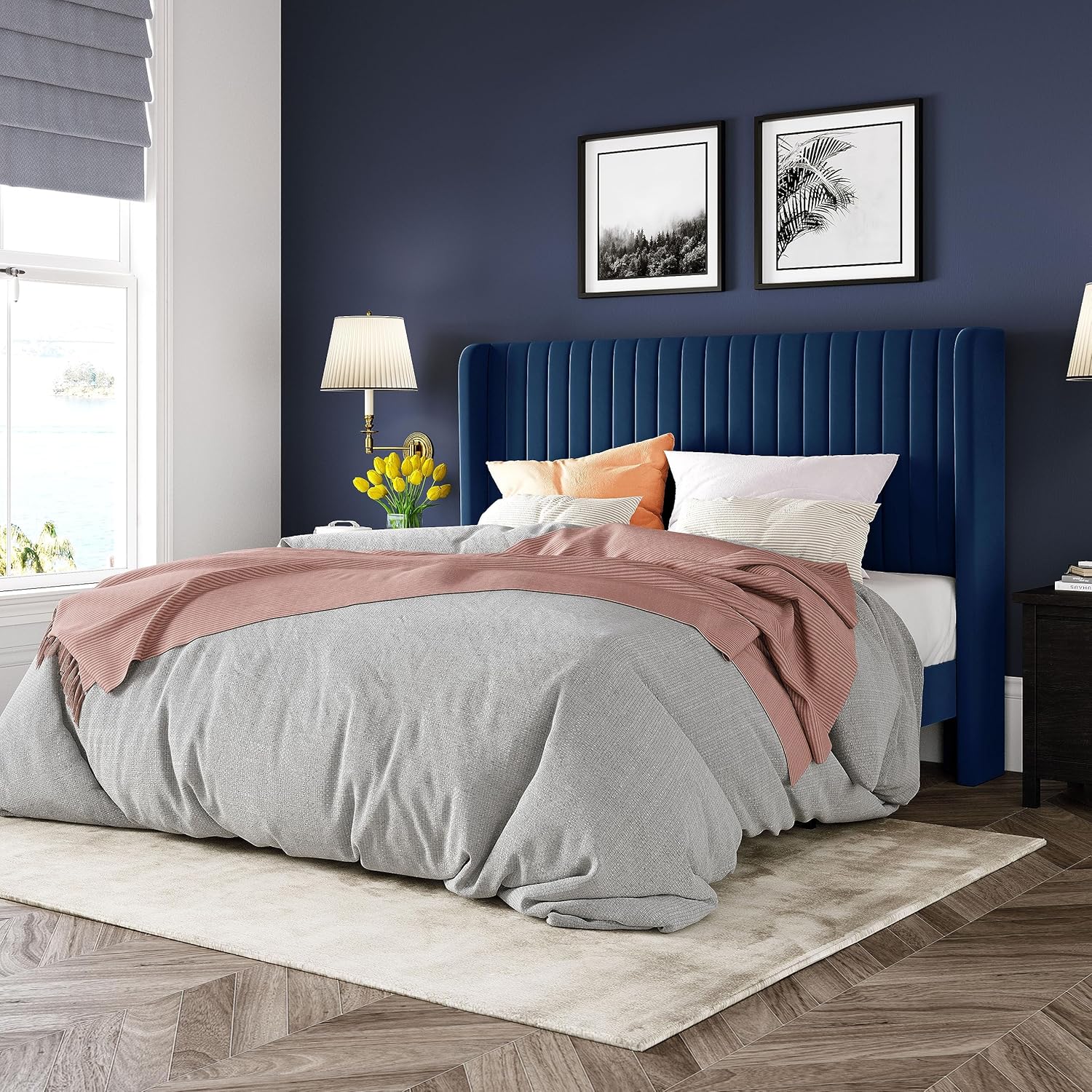 Allewie Queen Size Velvet Bed Frame/Vertical Channel Tufted Wingback Headboard/Upholstered Platform - B0CDBT9T4R