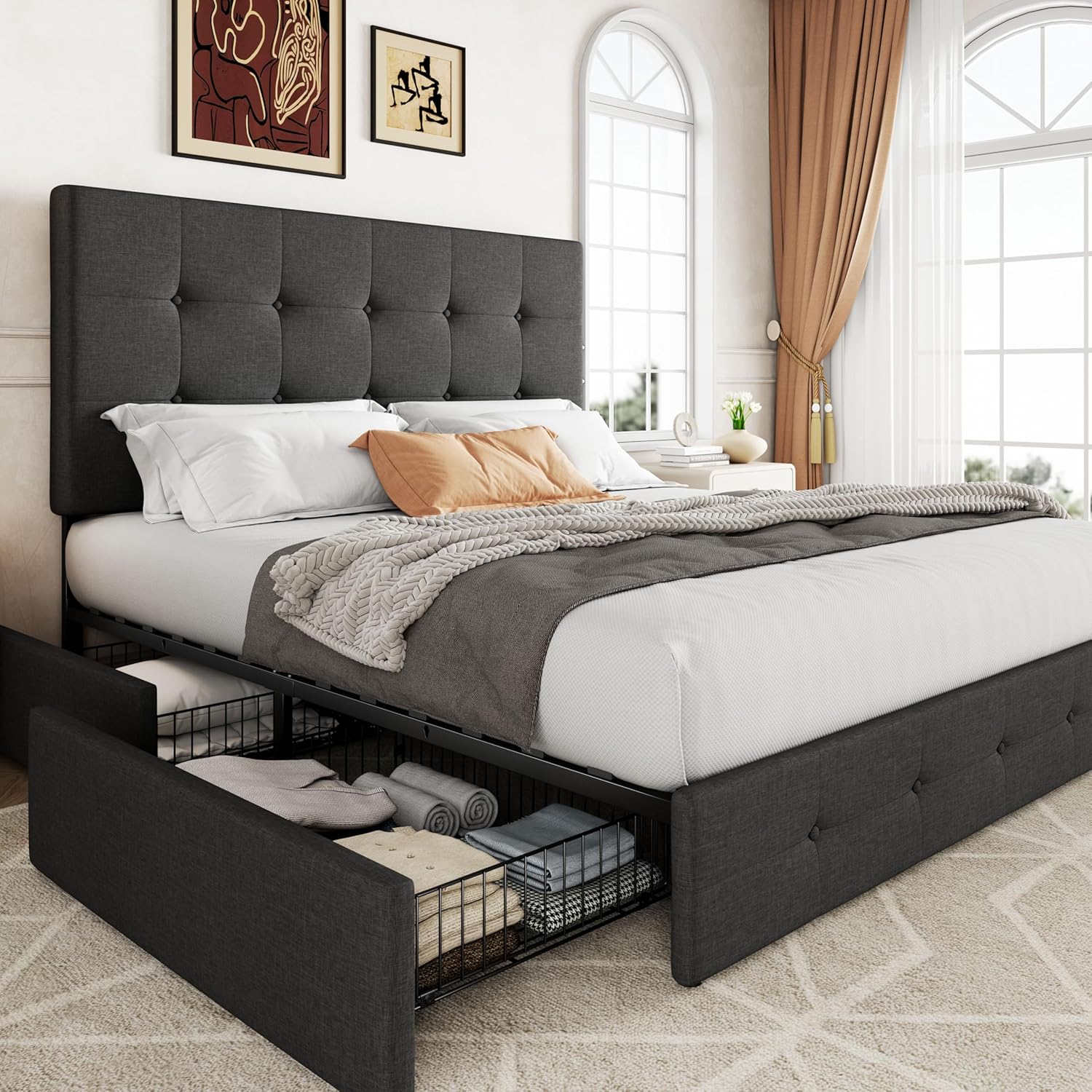 Allewie Upholstered Full Size Platform Bed Frame with 4 Storage Drawers and Headboard, Square Stitch - B09Y13TKQ6