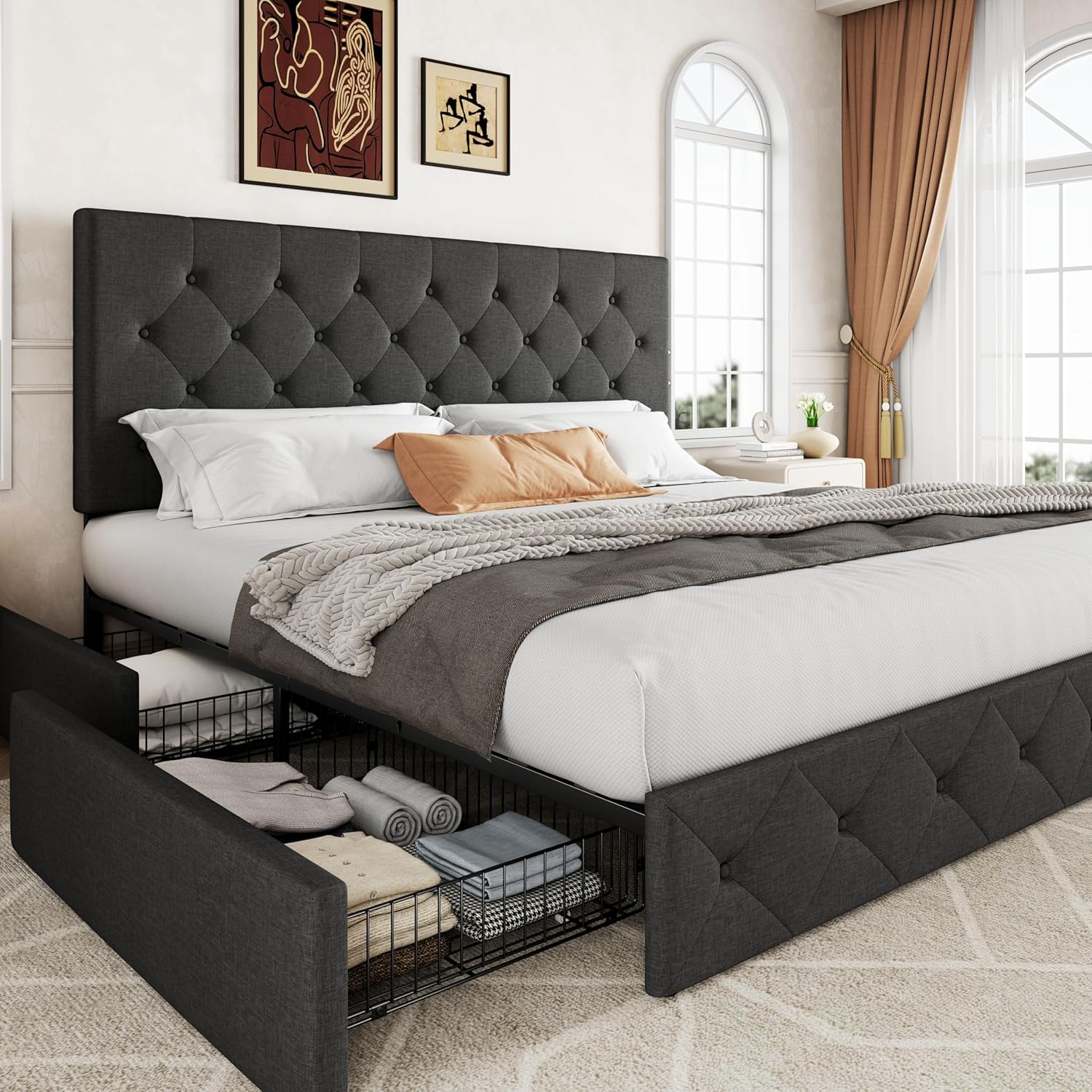 Allewie Upholstered King Size Platform Bed Frame with 4 Storage Drawers and Headboard, Diamond Stitc - B0BLW8WSXV