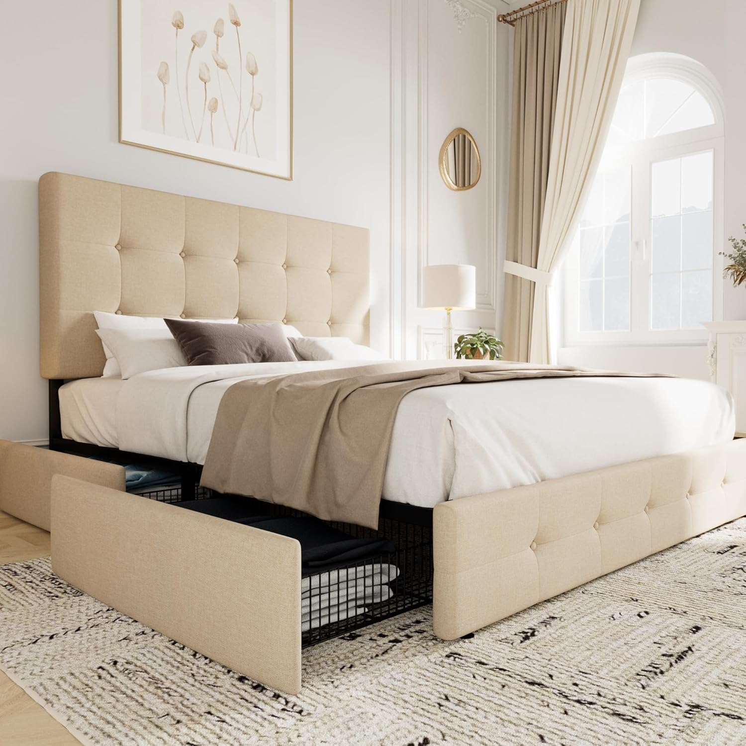 Allewie Upholstered Queen Size Platform Bed Frame with 4 Storage Drawers and Headboard, Square Stitc - B0DGL9ZTY2