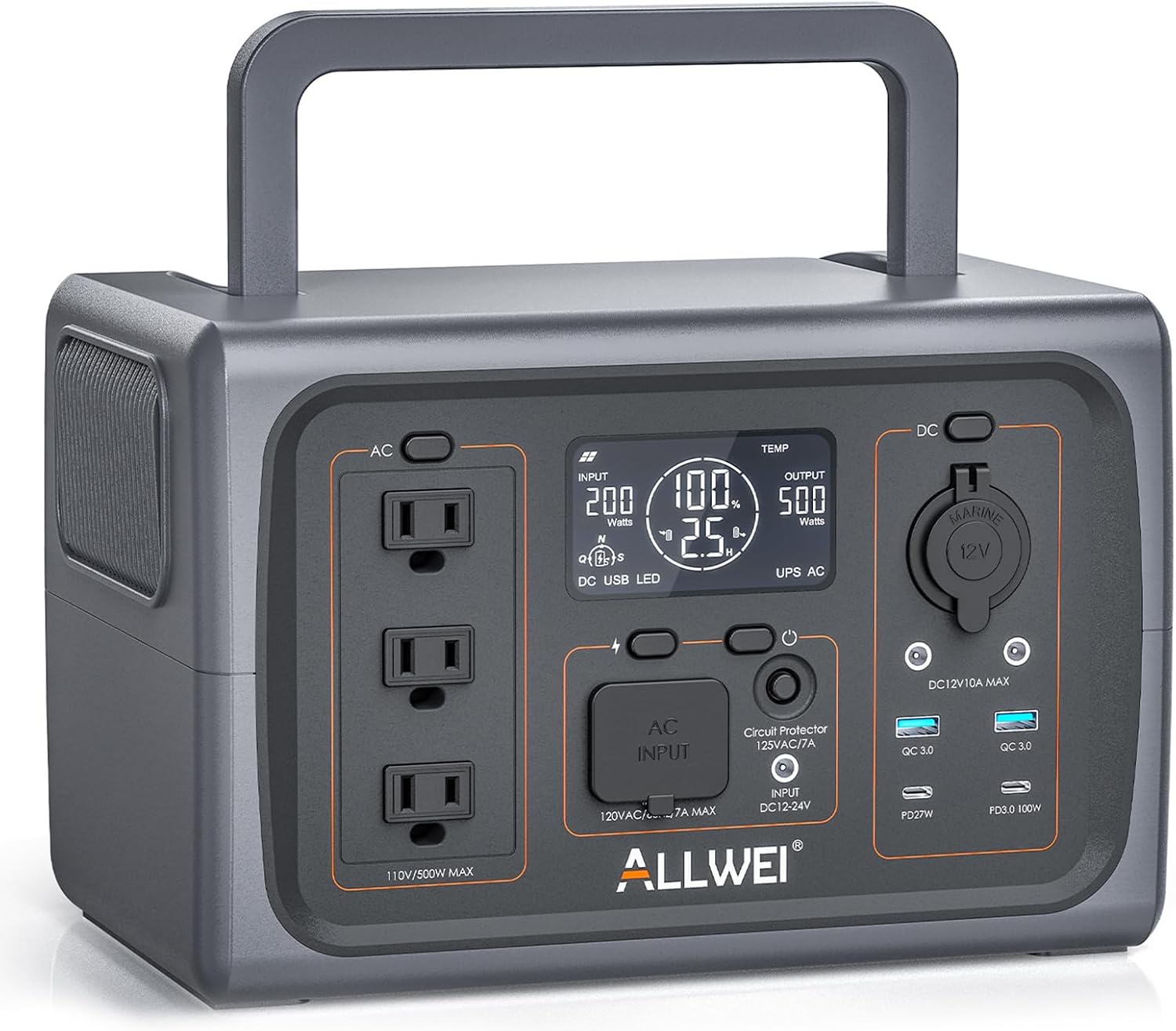 ALLWEI Portable Power Station 500W, 512Wh LiFePO4 Battery, UPS Function, 2.5Hrs Fast Charge, 3 AC - B0CCNTFDJJ