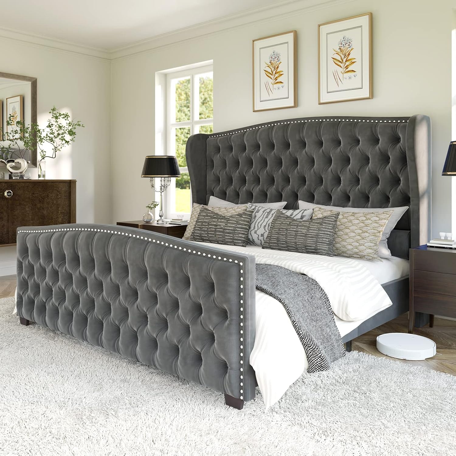 AMERLIFE King Size Platform Bed Frame, Velvet Upholstered Bed with Deep Button Tufted & Nailhead - B0BK9YSZSZ
