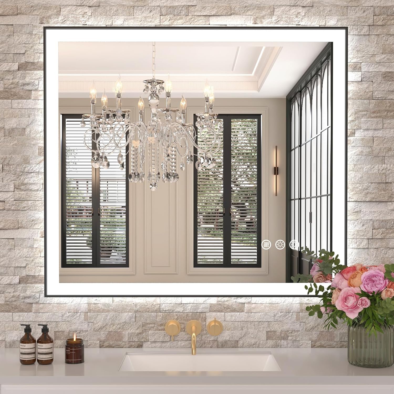Amorho 36"x 32" LED Bathroom Mirror with Black Frame, Front Light and Backlit(Controlled Separately) - B0CQK56TK7