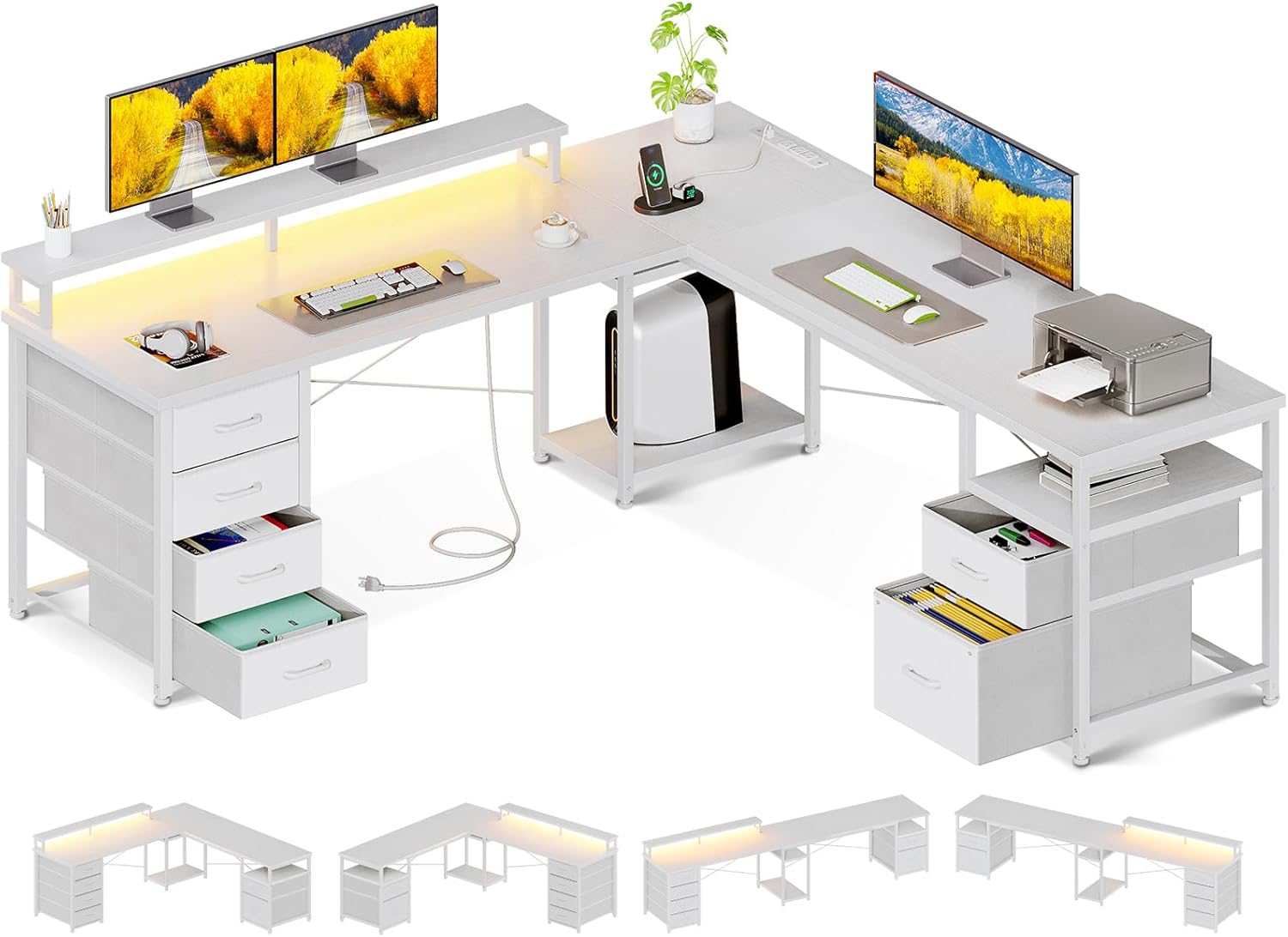 AODK 66" L Shaped Computer Desk, 113“ Reversible Home Office Desk with File Cabinet & - B0CDBXSMX8