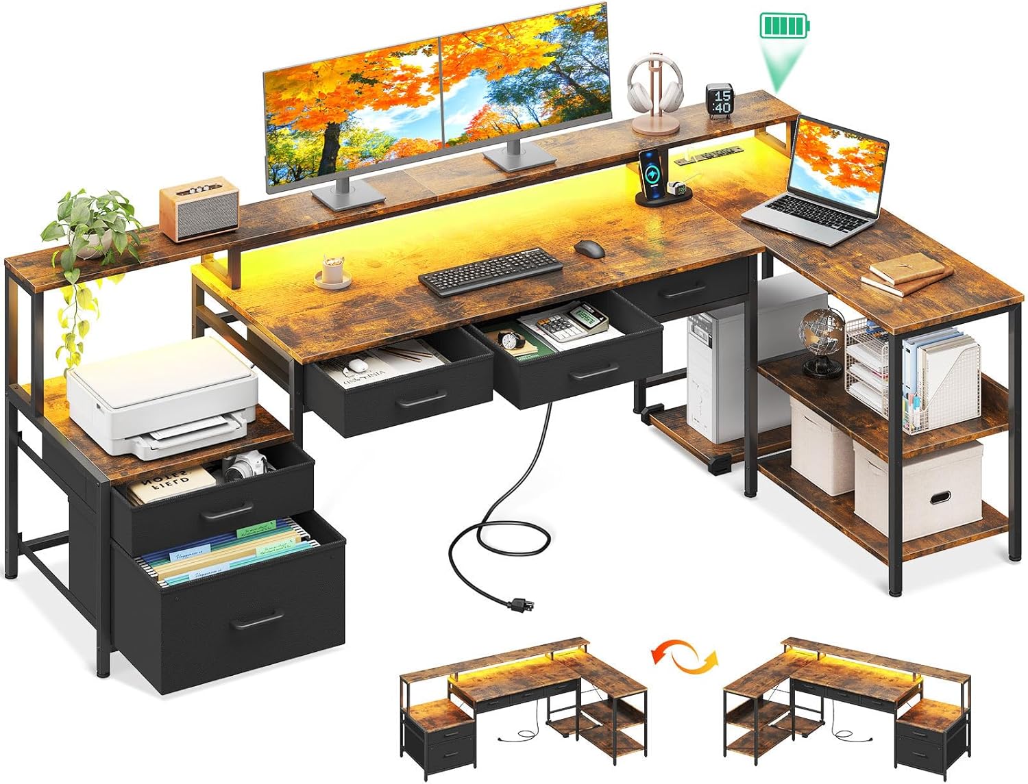 AODK L Shaped Desk with 5 File Drawers, 75" Reversible L Shaped Computer Desk with - B0D5B5RLNC