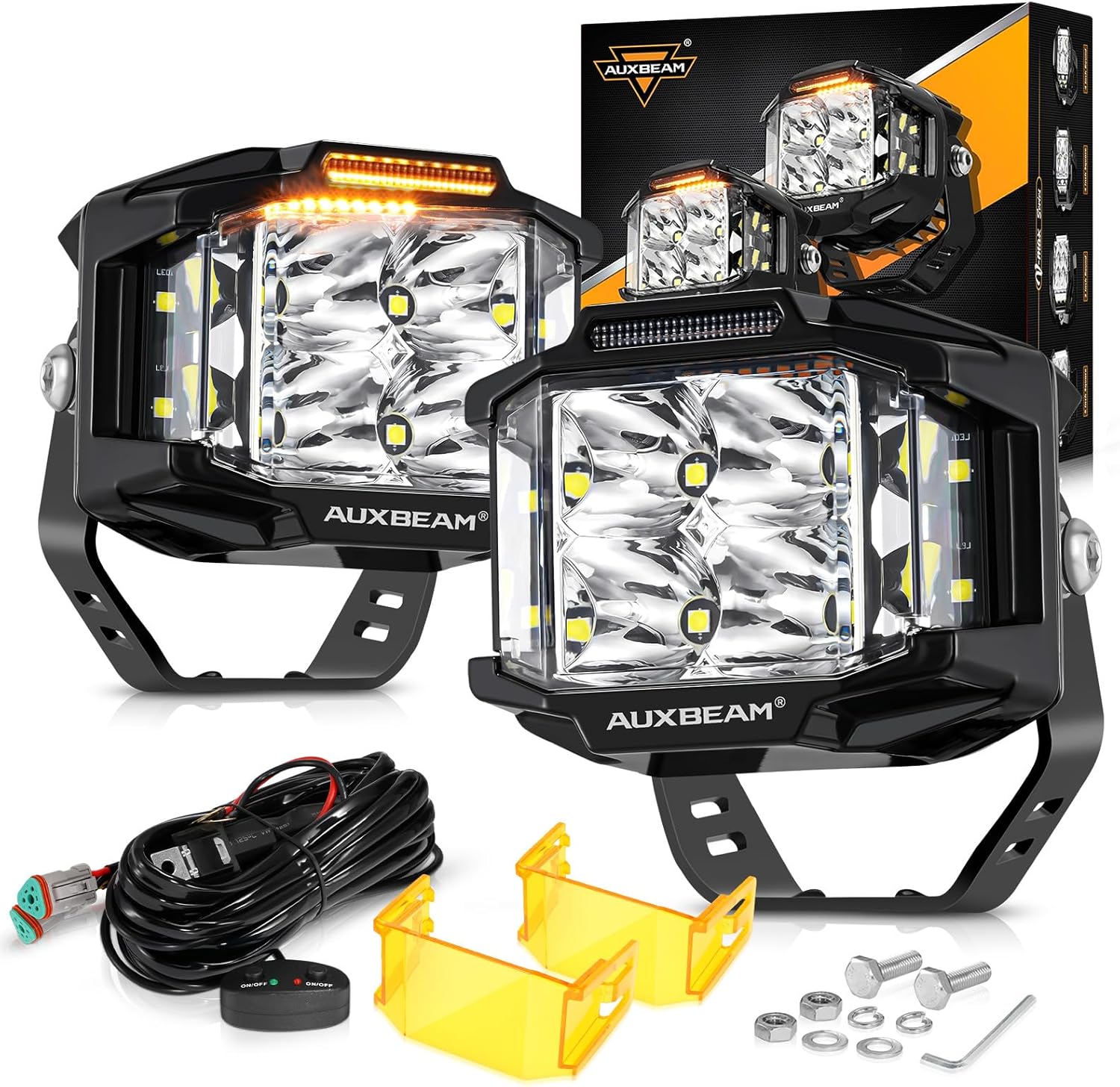 Auxbeam 4 Inch LED Pod Light, 92W V-MAX Series Square Offroad Driving with Amber DRL, - B0C4DG2B3M