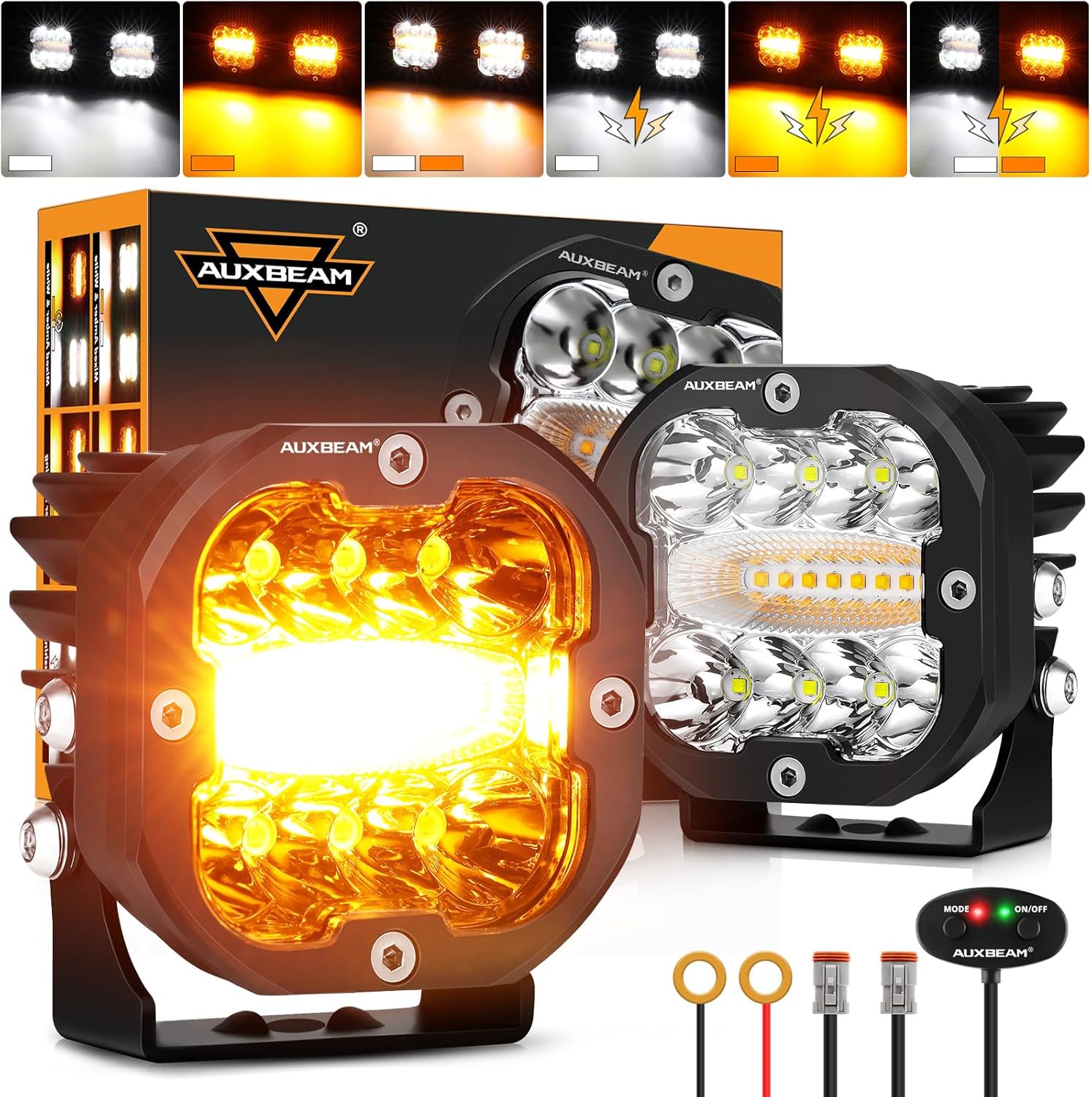 Auxbeam 6 Modes Amber White LED Pods XP-Ultra Series 3Inch 96W Dual Color Strobe Lights - B0BKRTSP36