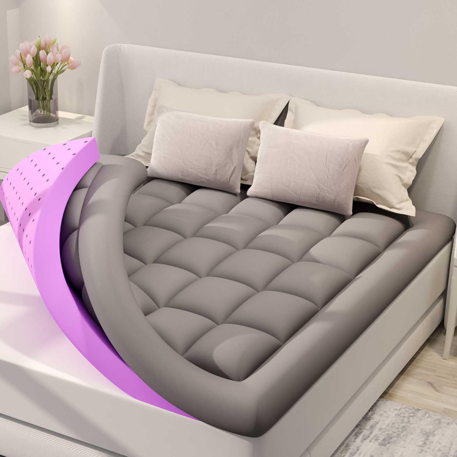 BDEUS Dual Layer 5 Inch Memory Foam Mattress Topper King Size, 2 Inch Gel Memory - B0CCVBPNBT