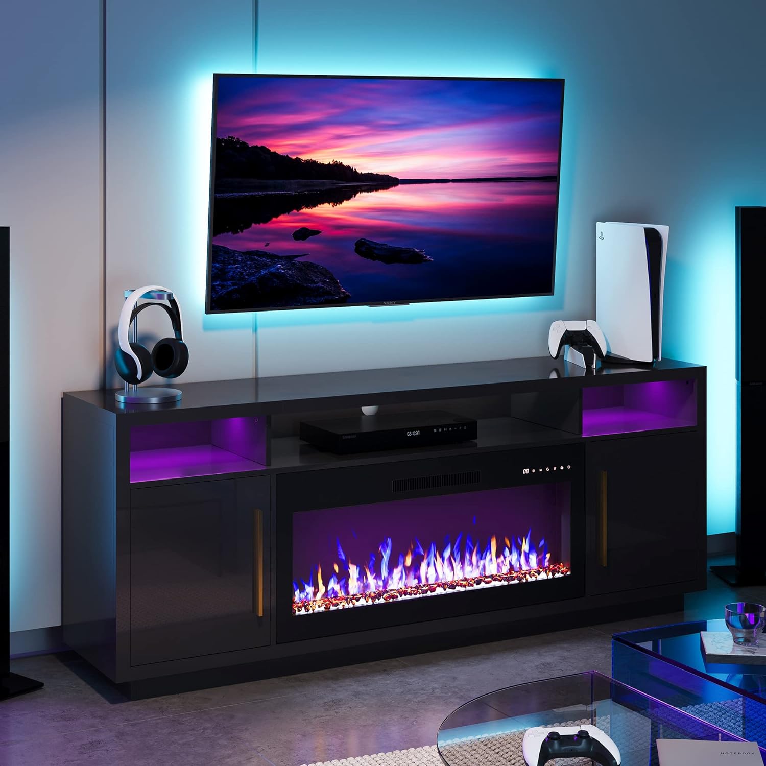 BELLEZE 70" Fireplace TV Stand for TVs Up to 80", LED Light Entertainment Center with - B0C4GKTBMZ