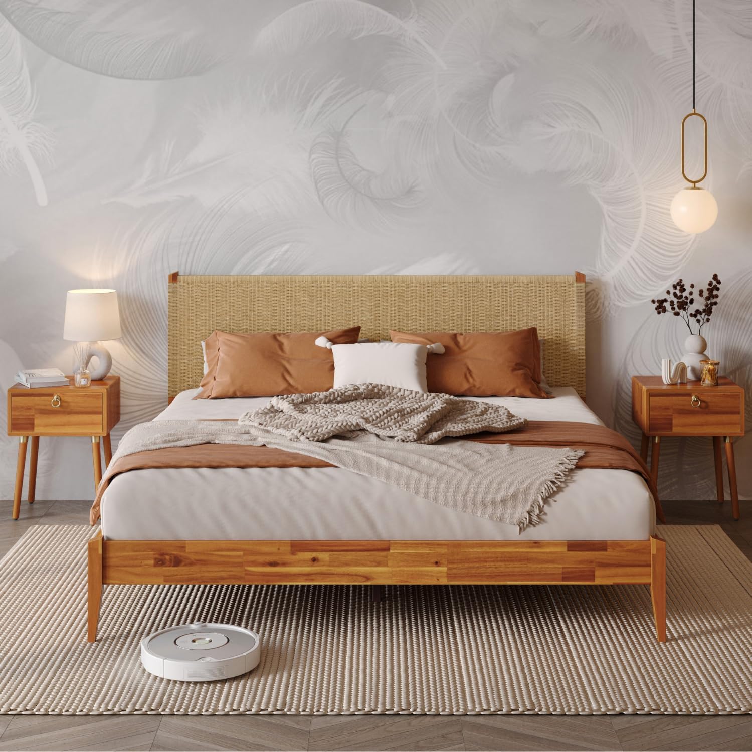 Bme Selina King Bed Frame and Headboard - Handcrafted Paper Cord Headboard, 12-Slat Support, No - B0C1NTZNDN