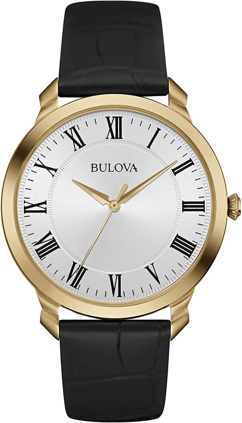 Bulova Men's Classic 3-Hand Quartz Black Leather Strap Watch, Roman Numeral Markers, 41mm Style: 97A - B01AJF201C