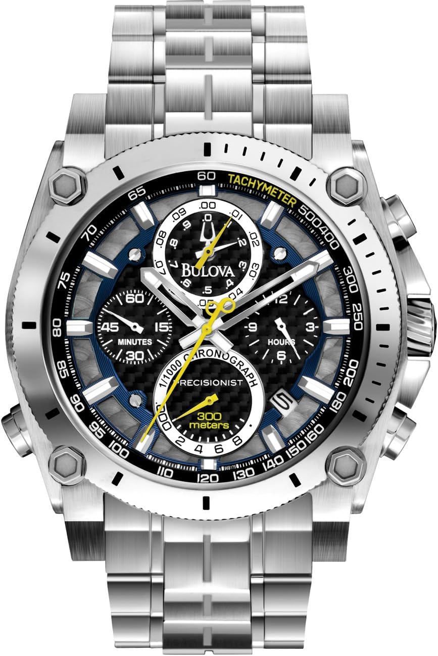 Bulova Men's Precisionist in Stainless Steel with 8-Hand Chronograph Watch, Blue and Yellow Accents, - B0088BMYN4