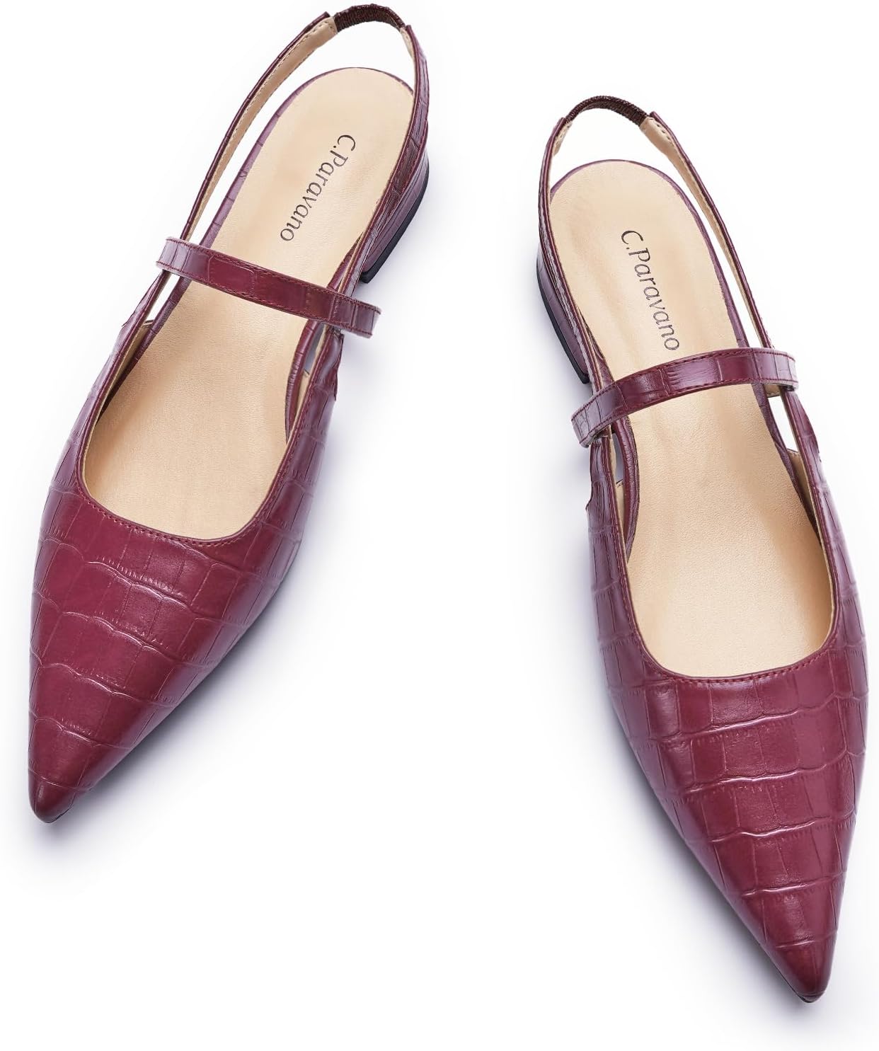 C.Paravano Crocodile-Embossed Women's Slingback Flats, Pointed Toe Kitten Heels, Low Heel Pumps, Ank - B0CXT2626B