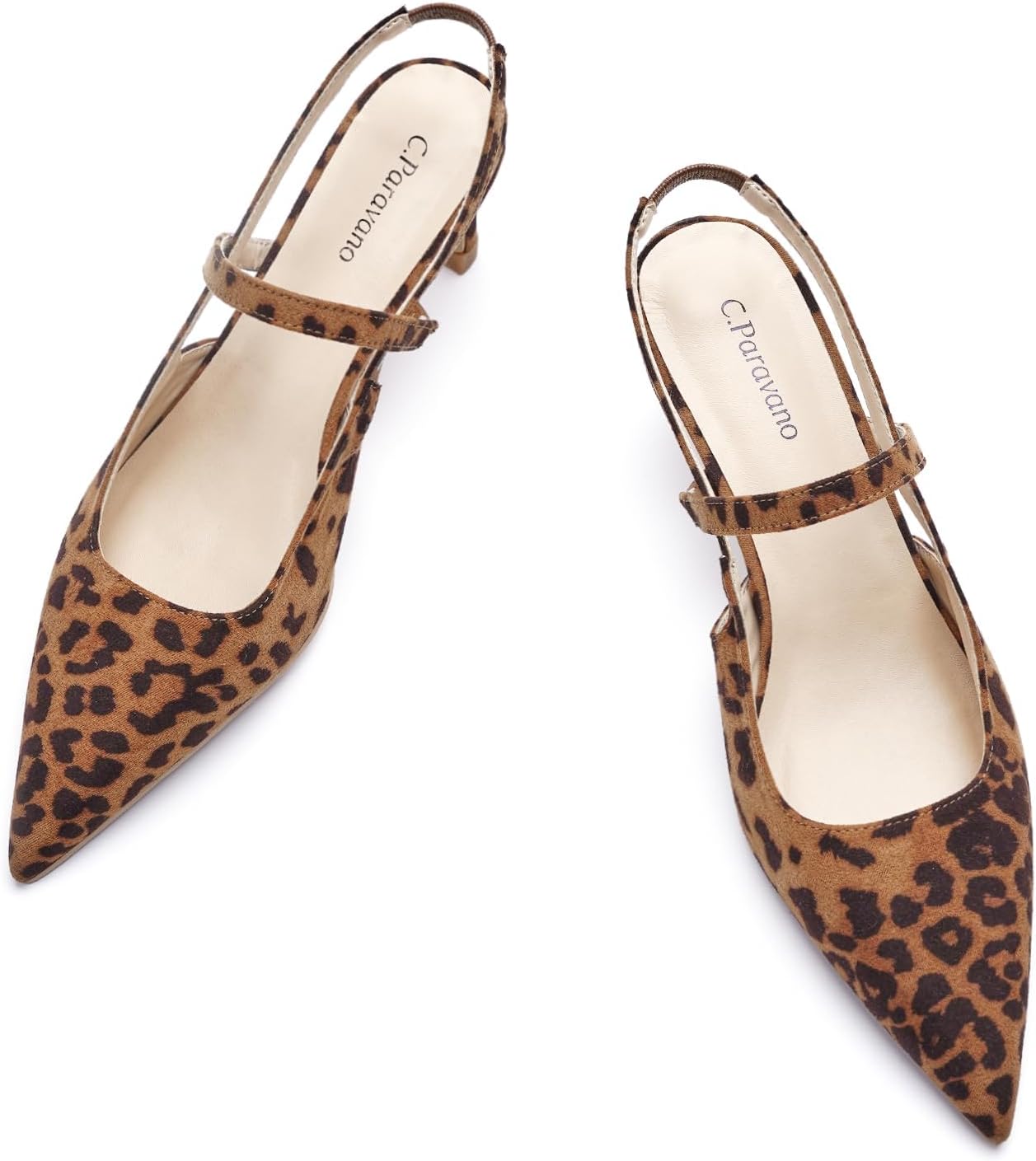 C.Paravano Leopard Print Women's Slingback Flats Pointed Toe Kitten Heels Low Heel Pumps Ankle Strap - B0CXT7LT85
