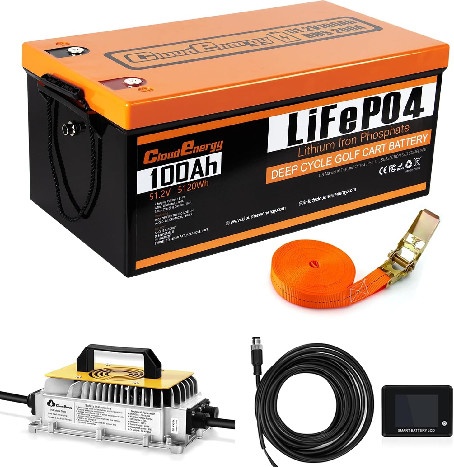 Cloudenergy 48V(51.2V) LiFePO4 Lithium Golf Cart Battery Built-in 200A BMS,with Mobile APP,Touch Mon - B0D2R6Y3ZR