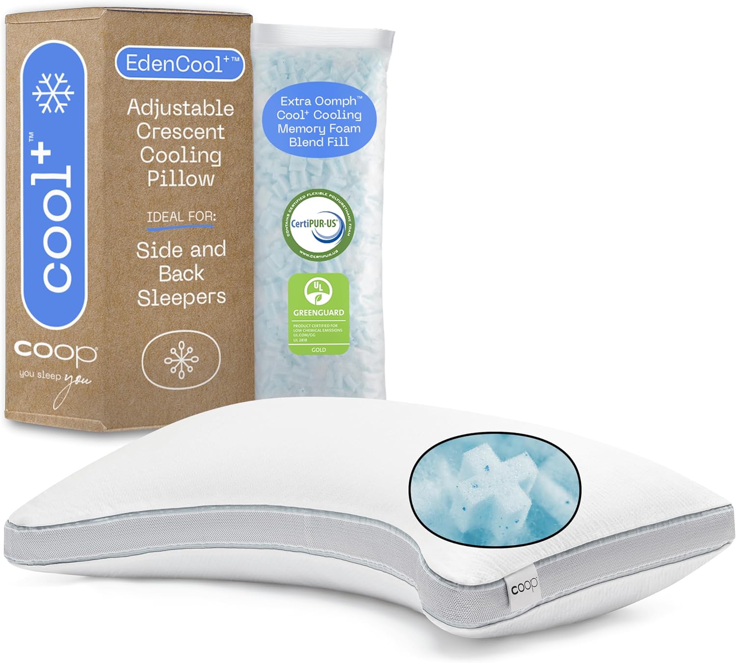 Coop Home Goods Cool+ Crescent Adjustable Pillow, King Size Plus Shaped Memory Foam Pillows with - B0BQRDG2W2