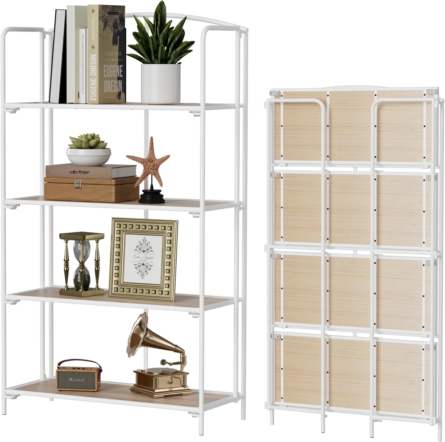 Crofy No Assembly Folding Bookshelf for Living Room, 4 Tier White Collapsible Book Shelf for - B0BRF7496K