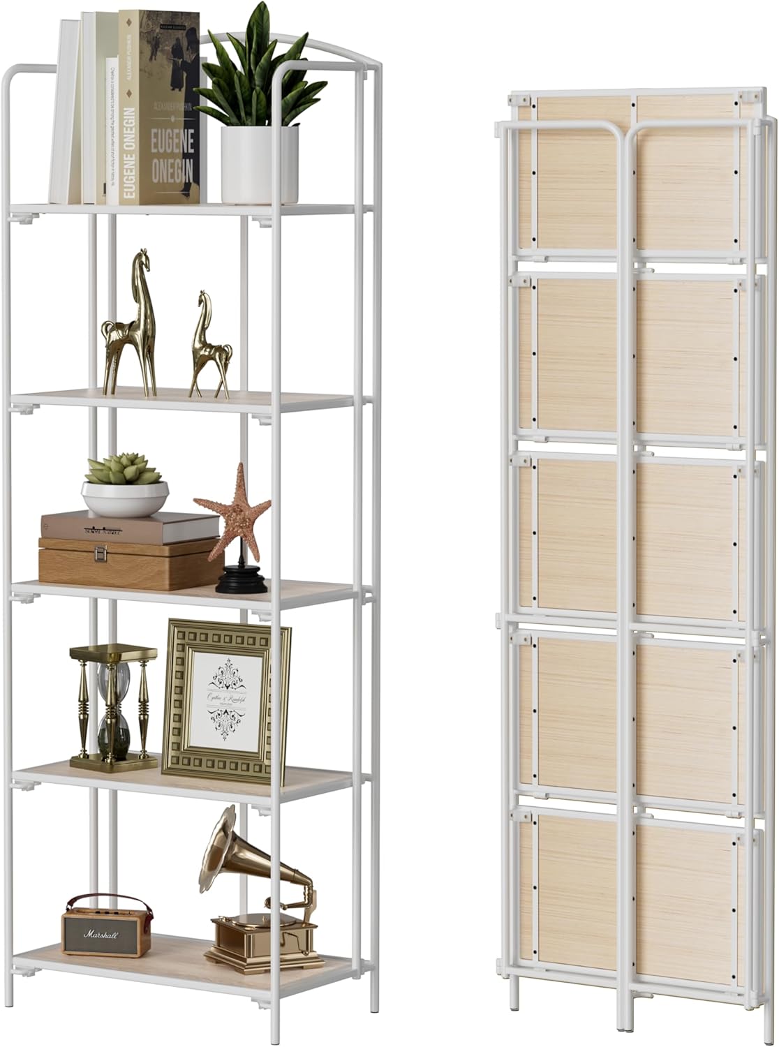 Crofy No Assembly Folding Bookshelf for Living Room, 5 Tier White Collapsible Book Shelf for - B09MN7KY7L