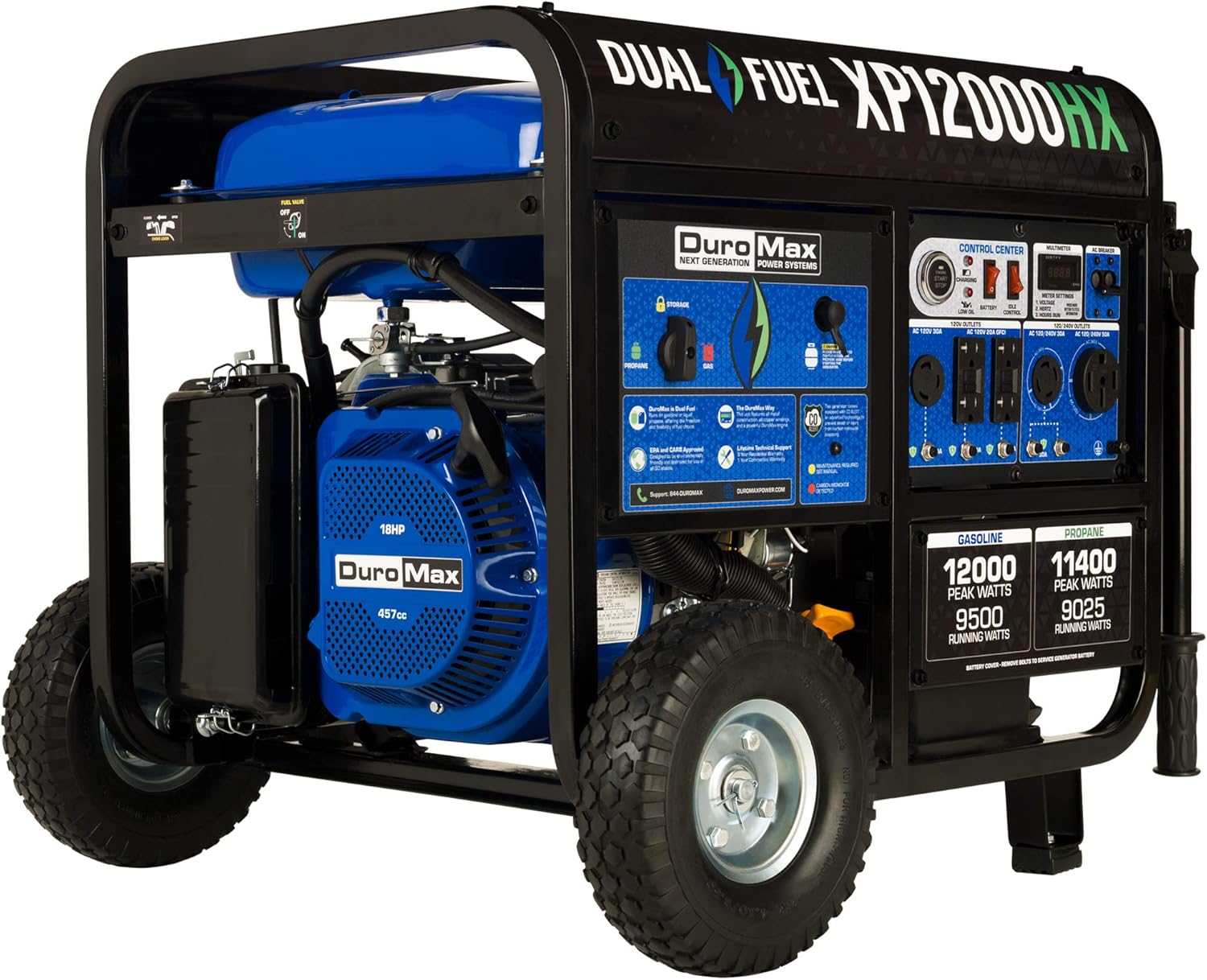 DuroMax XP12000HX 12,000-Watt Dual Fuel Portable Generator - Gas & Propane, Electric Start, Whole Ho - B086Z49LJ5